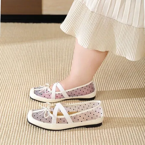 Women French Style Square Toe Ballet Flats Microfiber Polka Dot Mesh Shallow Mouth Shoes With Bowknot Criss-cross Straps Elegant Flat Shoes For Wide Feet