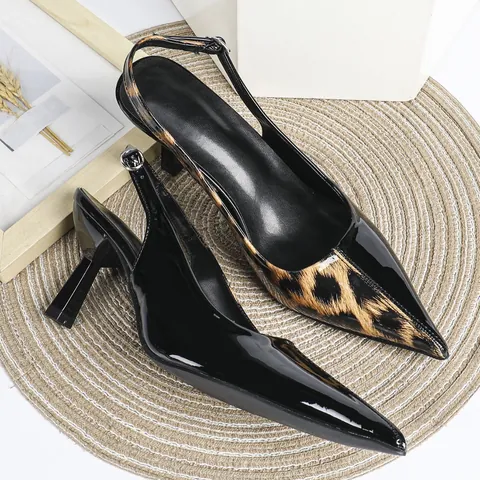 Women Vintage Leopard Print Pointed Toe Slingback High Heels European Fashion Patent PU Leather Office Party Sandals Single Shoes