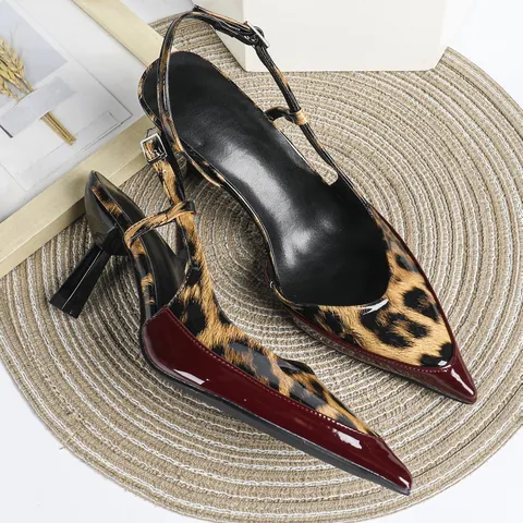 Women Leopard Print Pointed Toe Slingback High Heels Patchwork Patent Leather Stiletto Sandals For Party Fashion Sexy