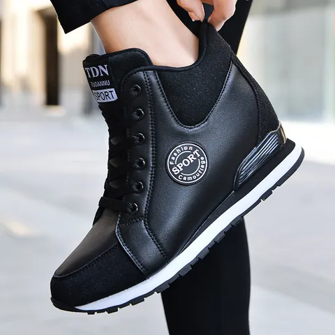 Women's Hidden Wedge Canvas Sneakers Internal Height Increasing High Top Platform Sports Shoes Casual Lace Up Walk Shoes
