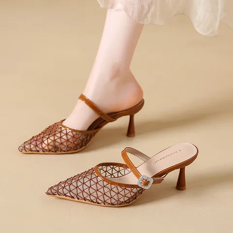Vintage Women Mesh High Heel Mules Pointed Toe Rhinestone Square Buckle Breathable PU Stiletto Sandals Summer Dress Shoes