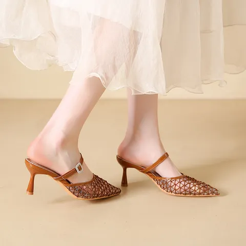 Vintage Women Mesh High Heel Mules Pointed Toe Rhinestone Square Buckle Breathable PU Stiletto Sandals Summer Dress Shoes