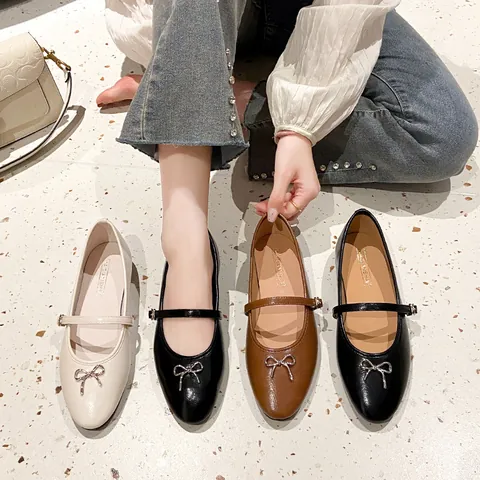 Women French Style Mary Jane Flat Shoes Elegant Bow Knot Buckle Strap Solid Color Low Heel Casual Ballet Flats