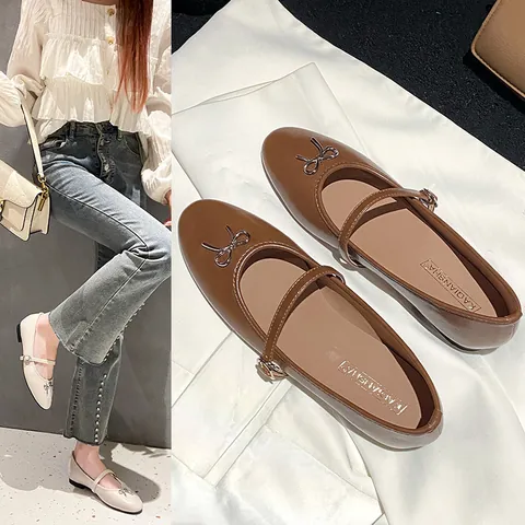 Women French Style Mary Jane Flat Shoes Elegant Bow Knot Buckle Strap Solid Color Low Heel Casual Ballet Flats