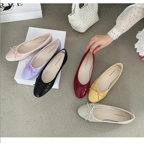 Women's Korean Style Ballerina Flats Round Toe Bowknot Microfiber Leather Soft Sole Casual Single Shoes Plus Size Comfort Daily Slip-On Loafers