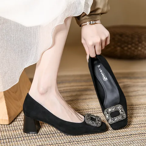 Women French Retro Square Toe Thick Heel High Heels Elegant Rhinestone Buckle Microfiber Suede Pumps Office Daily Shoes