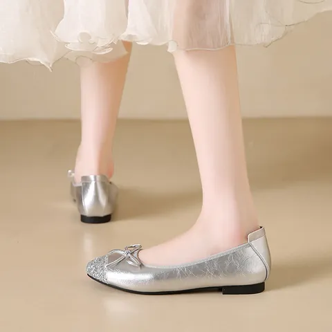 French Vintage Mary Jane Ballet Flats For Women Round Toe Bow Soft Sole Shallow Mouth Daily Commuter Block Mid Heel Shoes