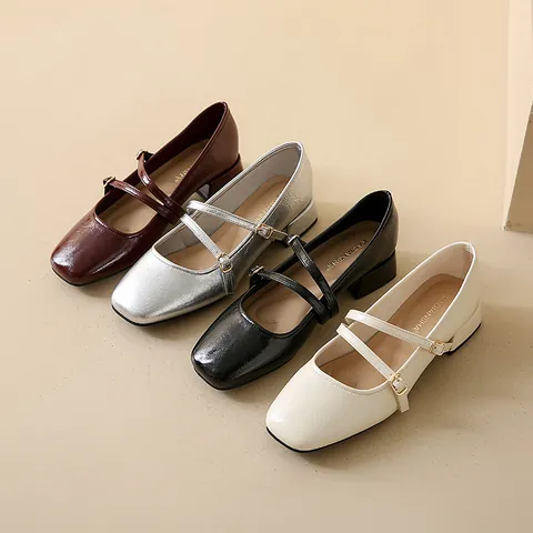 Women French Retro Mary Jane Shoes Ballet Style Square Toe Mid Thick Heel PU Leather Double Straps Daily Office Pumps