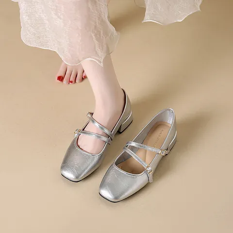 Women French Retro Mary Jane Shoes Ballet Style Square Toe Mid Thick Heel PU Leather Double Straps Daily Office Pumps