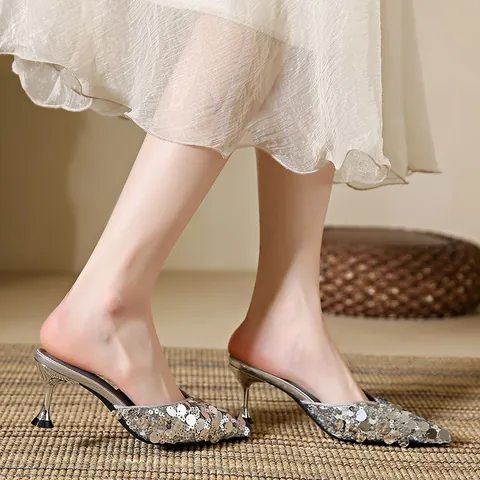 Women's Sequin Pointed Toe Kitten Heel Mules Elegant Sparkly Slip-on Dress Shoes Fashion Mules Slippers For Party Daily Wear