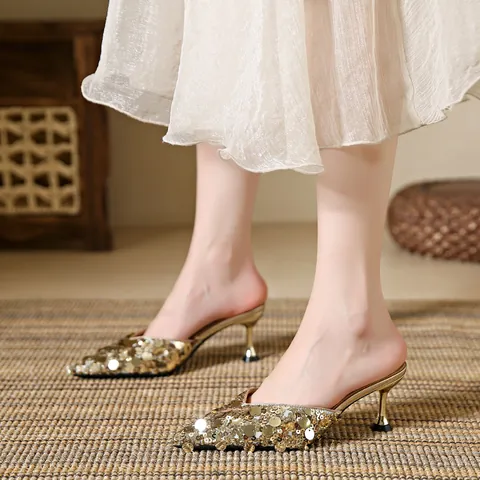 Women's Sequin Pointed Toe Kitten Heel Mules Elegant Sparkly Slip-on Dress Shoes Fashion Mules Slippers For Party Daily Wear