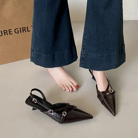 French Vintage Pointed Toe Slingback Heels For Women Mid Kitten Heel Microfiber Retro Sandals Black Off-White Brown