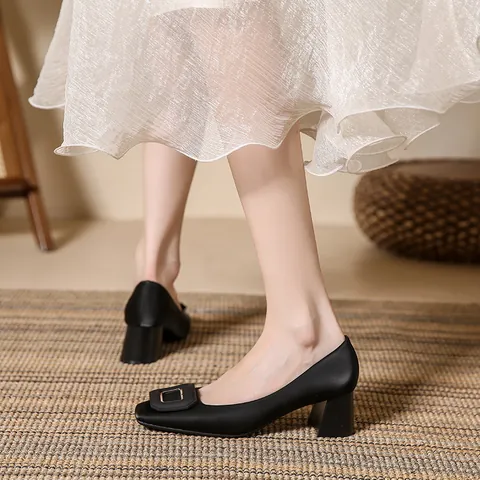 Elegant Square Toe Chunky Heel Pumps For Women Satin Mary Jane Shoes With Fashion Buckle Office Wedding Dress Heels