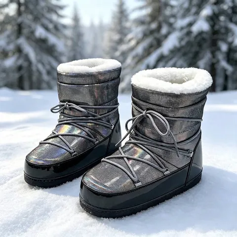 Women Fashion Holographic Moon Boots Metallic Laser Winter Snow Boots Thickened Non-slip Mid-Calf Space Boots Ski Shoes