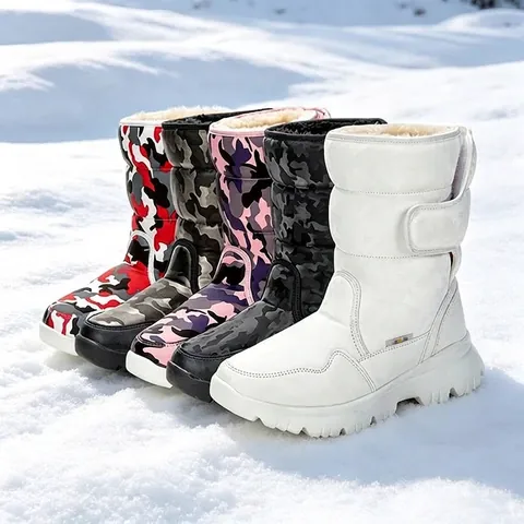 Kids Adults Winter Snow Boots Waterproof Warm Faux Fur Lined Non-slip Thick Sole Camouflage Ski Boots Travel Outdoor Shoes