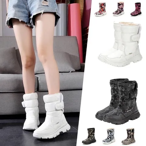 Kids Women Camouflage Snow Boots Waterproof Warm Non-Slip Velcro Winter Outdoor Skiing Boots Thickened Faux Fur Lining Shoes
