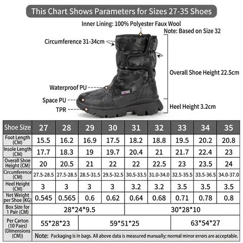 Kids Adults Winter Snow Boots Waterproof Warm Faux Fur Lined Non-slip Thick Sole Camouflage Ski Boots Travel Outdoor Shoes