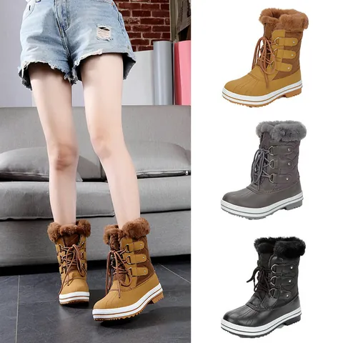 Bottes de Neige Style Occidental pour Femmes Cuir Synthétique Doublure Fausse Fourrure Lacets Mi-Mollet Hiver Chaud