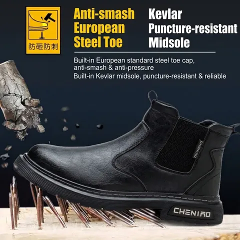Men High-top Safety Shoes Steel Toe Cap Work Boots Anti-smash Anti-puncture Slip-resistant Chelsea Work Footwear Brown Black