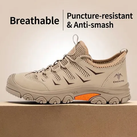 Men Safety Shoes Steel Toe Work Boots Puncture Proof Breathable Mesh Microfiber Leather Slip Resistant Industrial Work Shoes