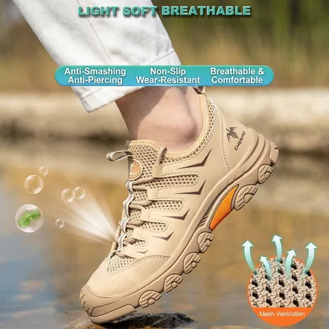 Men Safety Shoes Steel Toe Work Boots Puncture Proof Breathable Mesh Microfiber Leather Slip Resistant Industrial Work Shoes