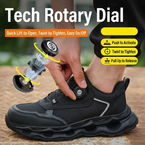 Zapatos de Seguridad para Hombre Puntera de Acero Anti-Golpes Anti-Perforación Hebilla Giratoria Zapatos de Trabajo Malla Transpirable Negro