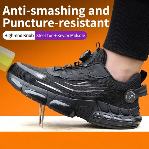 Fashion Rotary Knob Safety Shoes For Men Anti-smashing Steel Toe Anti-piercing Fly-knit Breathable Work Shoes Air Cushion Sole