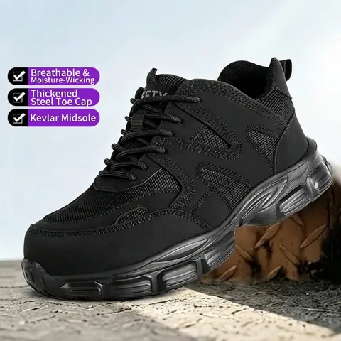 Zapatos de Seguridad Industrial para Hombre Cuero de Microfibra Malla Tejida Punta de Acero Anti-Aplastamiento Anti-Perforación