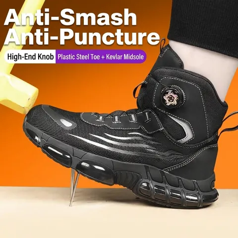 Unisex High Top Safety Shoes Flyknit Breathable Work Boots Plastic Steel Toe Anti Smash Kevlar Midsole Anti Puncture Knob Buckle Non Slip Industrial Footwear