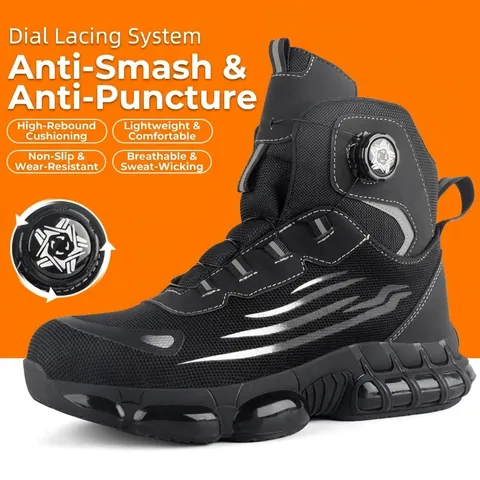 Unisex High Top Safety Shoes Flyknit Breathable Work Boots Plastic Steel Toe Anti Smash Kevlar Midsole Anti Puncture Knob Buckle Non Slip Industrial Footwear