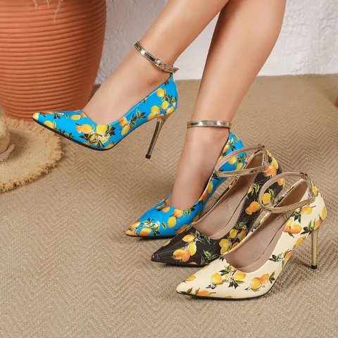 Women Pointed Toe Stiletto High Heels Elegant Lemon Fruit Print Pumps With Ankle Strap Buckle Summer Party Fashion Footwear