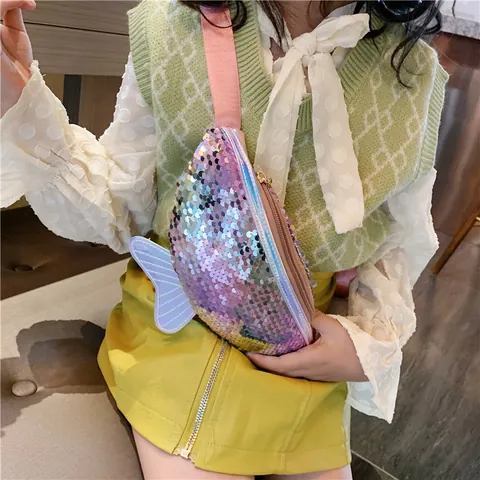 Cute Mermaid Sequin Kids Waist Bag Cartoon Fish Tail Sparkly Chest Pack For Girls Toddler Fashion Crossbody Bag