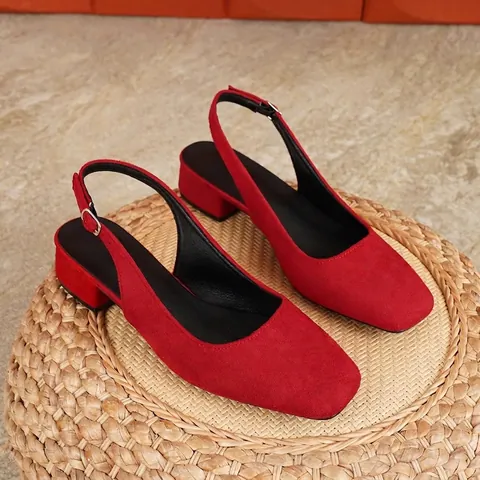 Women Square Toe Slingback Pumps Suede Block Low Heel Shoes Fashion Buckle Strap Solid Color Casual Dress Office Footwear