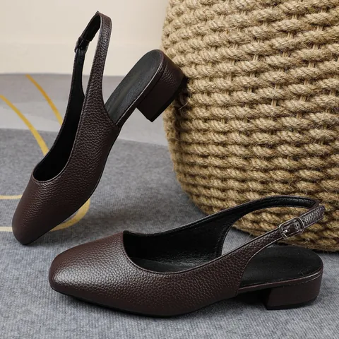 Décolleté Slingback da Donna in Pelle Artificiale con Texture Litchi Punta Quadrata Tacco a Blocco Basso Scarpe da Ufficio