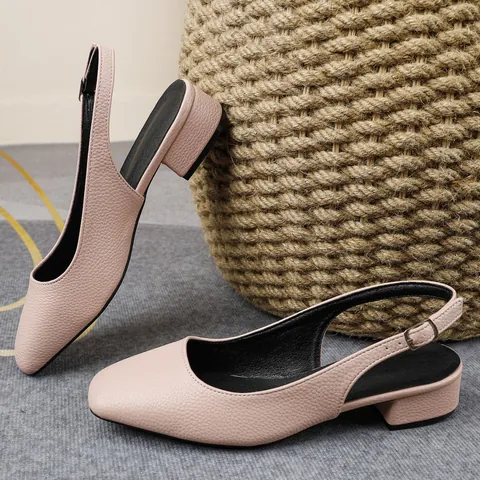 Décolleté Slingback da Donna in Pelle Artificiale con Texture Litchi Punta Quadrata Tacco a Blocco Basso Scarpe da Ufficio