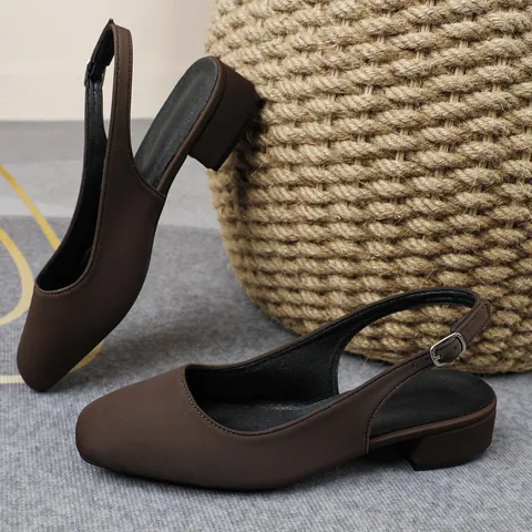 Women's Square Toe Slingback Sandals Low Block Heel Adjustable Buckle Strap Satin Formal Dress Shoes For Office Daily Wear