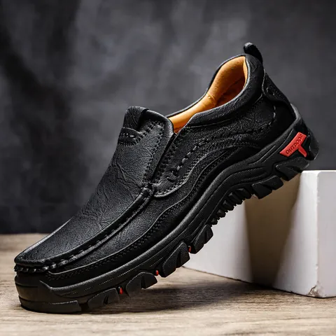 Men Microfiber Leather Casual Shoes Outdoor Slip-on Loafers Soft Sole Driving Shoes Lightweight Anti-slip Stitched Walking Shoes