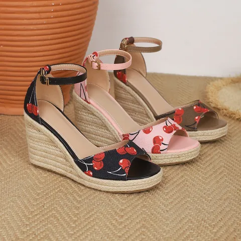 Women's Cherry Fruit Print Wedge Sandals Lightweight Platform Espadrille High Heels Ankle Strap Casual Summer Shoes Large Size