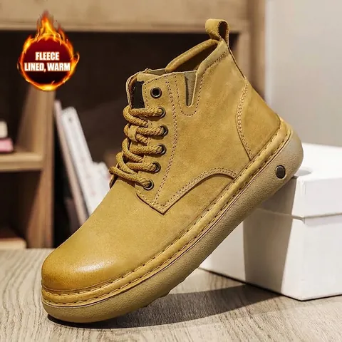 Men Retro Martin Boots Lace Up Work Boots Non Slip Casual High Top Shoes Fleece Lined Warm Winter Boots Pigskin Nubuck