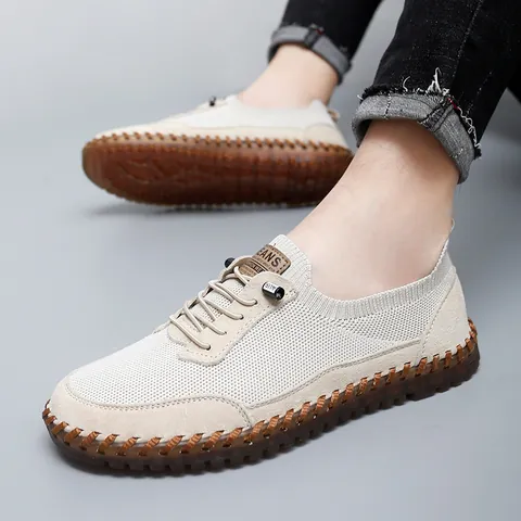 Men's Casual Mesh Shoes Breathable Hollow Out Sneakers Soft Gum Sole Microfiber Leather Walking Shoes For Men Daily Wear