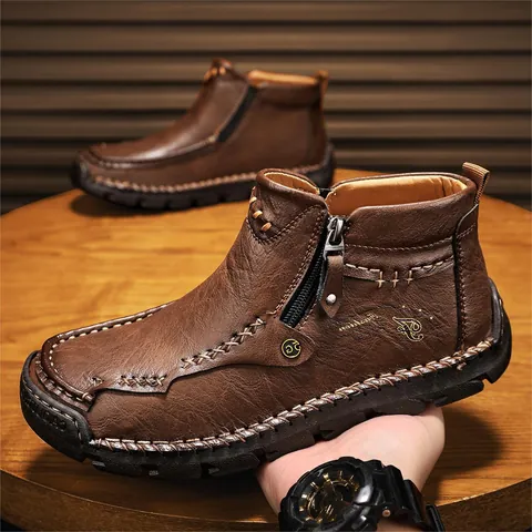 Men's Casual Microfiber Leather Martin Boots Hand-Stitched Tooling Work Boots Side Zipper Breathable Non-Slip Autumn Winter Mid-Top Boots