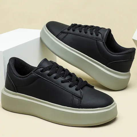 Baskets à Plateforme pour Femmes Semelle Épaisse Chaussures de Marche Décontractées Style Coréen en Cuir PU à Lacets