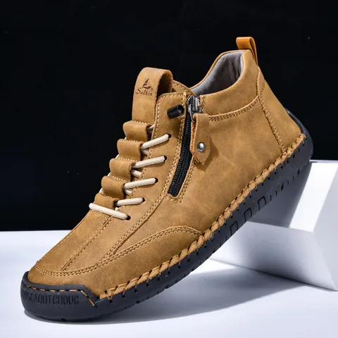 Men's Vintage British Style Martin Boots Side Zipper Casual Short Boots Breathable Non-slip Rubber Sole Leather Boots