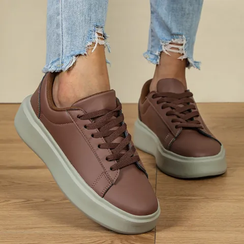 Baskets à Plateforme pour Femmes Semelle Épaisse Chaussures de Marche Décontractées Style Coréen en Cuir PU à Lacets