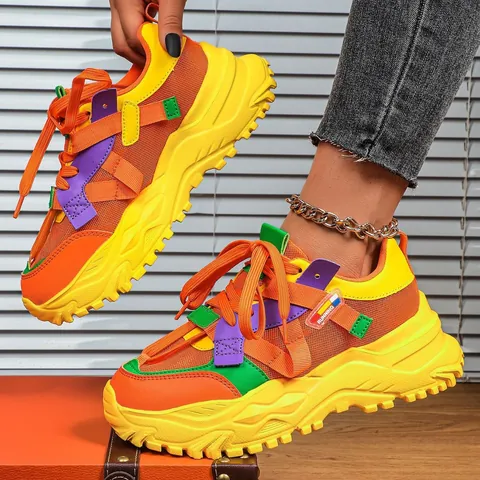 Sneakers Chunky da Donna PU Rete Traspiranti Plateau Moda Stringate Blocchi di Colore Suola Spessa Scarpe da Camminata