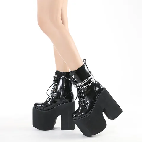 Women Super High Heel Platform Martin Boots Black Patent Leather Punk Stage Performance Shoes With Metal Chains Rhinestone