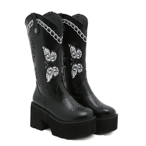Vintage Western Tall Boots Women Microfiber PU Leather Butterfly Floral Embroidery Platform Chunky Heel Slip On Boots