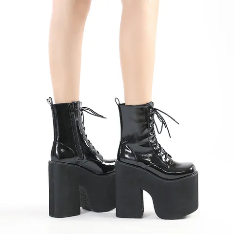 Women's Black Patent Leather Ultra High Heel Martin Boots With Platform Block Heel For Stage Performance Gothic Style Shoes