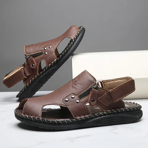 Heren Eerste Laag Koeienhuid Uitgesneden Gesloten Sandalen Ademend Outdoor Strand Antislip Rubberen Zool Schoenen