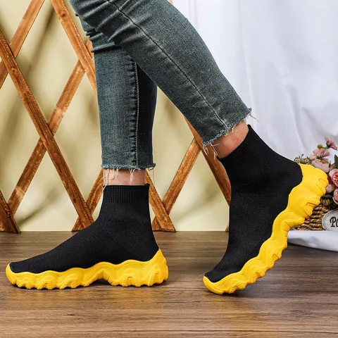 Women Mid-Cut Fly-Knit Sock Shoes Thick Wavy Sole Breathable Slip-on Height Increasing Casual Fashionable Sneakers Footwear